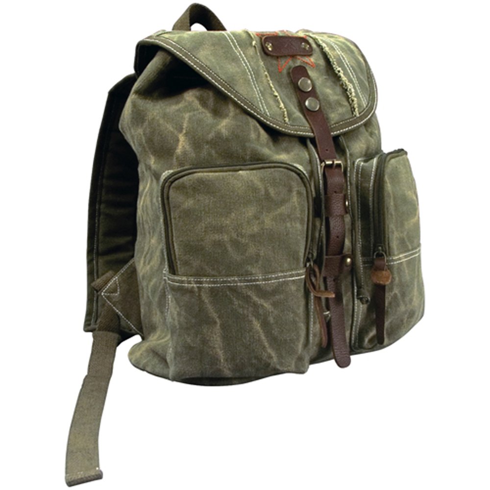 Stone Washed Canvas Backpack With Leather Accents