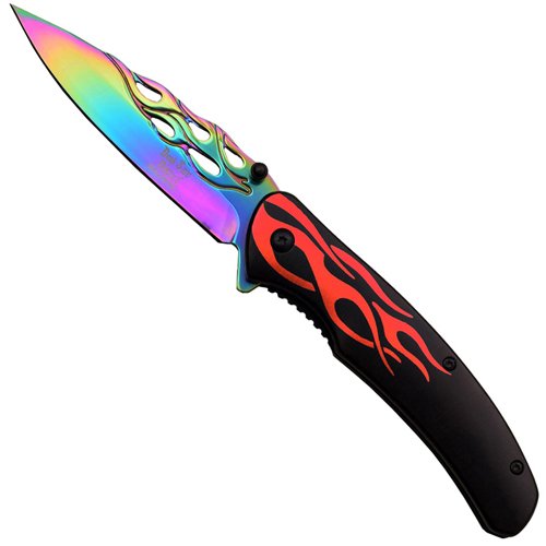 Dark Side Rainbow Titanium Coated Red Flame Folding Knife