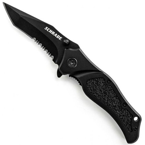 Schrade Black Stainless Steel Tanto Partially Serrated Blade Folding Knife