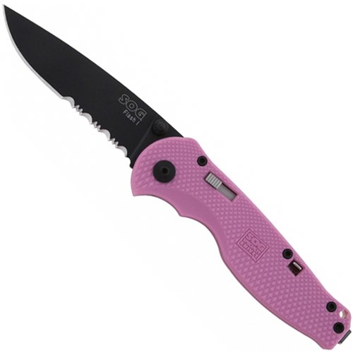Black TiNi Pink Handle Partially Serrated Flash I Knife